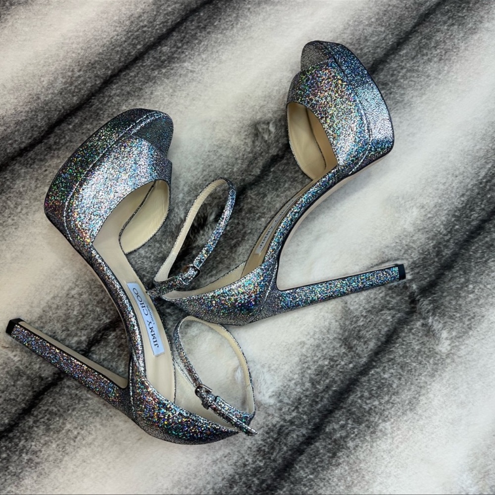 Jimmy Choo Pattie 130 Multi Hologram Leather Platform Sandal Heels - Picture 7 of 11